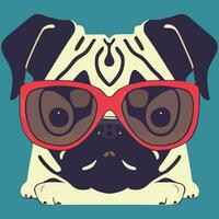 gráfico vectorial ilustrativo de perro pug con gafas de sol rojas aislado bueno para icono, mascota, impresión, elemento de diseño o personalizar su diseño vector