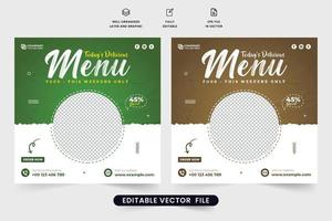 Restaurant social media post template with green and mud colors. Modern restaurant advertisement poster design with abstract shapes. Food menu template vector for digital marketing.