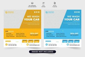 Vehicle cleaning service social media post vector with photo placeholders. Modern car maintenance service template design with yellow and blue colors. Car wash and repair business advertisement poster