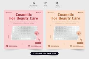 Beauty products and cosmetic sale banner design with pink and silk colors. Modern cosmetic advertisement template with geometric shapes. Cosmetic business social media post vector for marketing.
