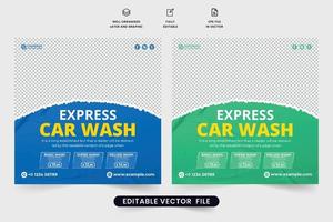 Car washing template social media post vector with green and blue colors. Automobile maintenance service promotional web banner design. Car cleaning business advertisement poster vector.