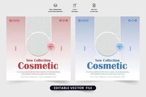 Beauty care and cosmetic sale social media template vector with discount offer. Cosmetic business promotional web banner template with blue and red colors. Beauty product sale template for marketing.