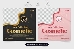 Cosmetic social media post vector with golden and pink colors. Modern cosmetic business promotion template for digital marketing. Fashion and beauty product sale web banner design with abstract shapes