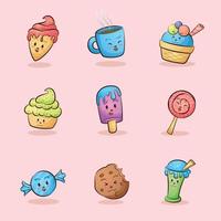 conjunto de ilustración de bebida de caramelo de pastel de galleta de helado de bocadillo de dibujos animados lindo vector