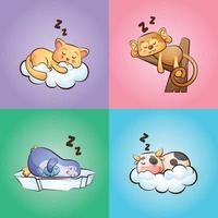 Cute animals cat monkey penguin cow sleeping hand drawn cartoon style illustration set vector