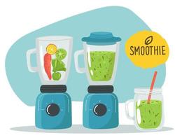 Smoothie in blender or mixer. Shaking, mixing detox healthy fruit juice smoothies. Green veg nutrition. Vegetables mix. Kitchen electric shaker machine. Food processor, juicer. Vector illustration