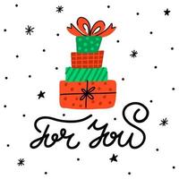 For you lettering ink with gift box and snowflakes vector