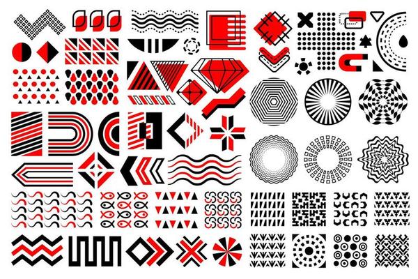 Abstract black and red geometric design elements. 80's, 90's retro design elements. Abstract geometric modern shapes for your design projects