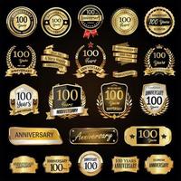 Anniversary retro vintage badges laurels shield metal plates and labels vector illustration