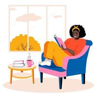 Woman afro reading book. Resting in armchair at leisure time. Enjoying literature at cozy home interior. Coffee table. Vector illustration
