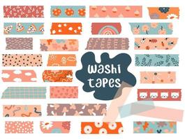 cintas washi. conjunto de vectores trozos de papel con manchas abstractas, elementos, manzanas lindas, escarabajos, donuts, flores. cinta adhesiva para marcos, álbumes de recortes, bordes, gráficos web, manualidades, adhesivos.