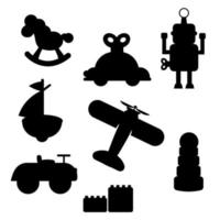 una colección de juguetes de silueta para niños. coche, robot, barco, avión vector
