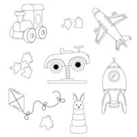 Collection of children's toys outline. Car, steam engine, rocket, aeroplane, hare, kite