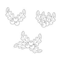 Christmas decoration, red berries with leaves outline, line style. Vector illustration