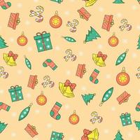 patrón de navidad transparente sobre fondo claro. campana, regalo, juguete, árbol de navidad. vector