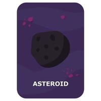 asteroide. tarjeta flash de espacio vectorial. juego de idioma inglés con lindo astronauta, cohete, planeta, cometa, alienígena para niños. flashcards de astronomía con personajes divertidos. hoja de trabajo imprimible educativa simple. vector