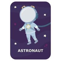 astronauta. tarjeta flash de espacio vectorial. juego de idioma inglés con lindo astronauta, cohete, planeta, cometa, alienígena para niños. flashcards de astronomía con personajes divertidos. hoja de trabajo imprimible. vector