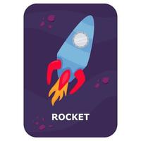 Rocket. Vector Space flash card. English language game with cute astronaut, rocket, planet, comet, alien for kids. Astronomy flashcards with funny characters. Simple educational printable worksheet