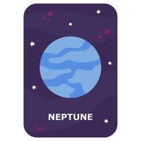 Neptune. Vector Space flash card. English language game with cute astronaut, rocket, planet, comet, alien for kids. Astronomy flashcards with funny characters. Simple educational printable worksheet.