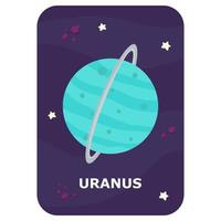 Urano. tarjeta flash de espacio vectorial. juego de idioma inglés con lindo astronauta, cohete, planeta, cometa, alienígena para niños. tarjetas de astronomía con personajes divertidos. hoja de trabajo imprimible educativa simple. vector