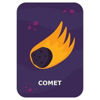 cometa. tarjeta flash de espacio vectorial. juego de idioma inglés con lindo astronauta, cohete, planeta, cometa, alienígena para niños. flashcards de astronomía con personajes divertidos. hoja de trabajo imprimible educativa simple vector