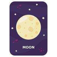 luna. tarjeta flash de espacio vectorial. juego de idioma inglés con lindo astronauta, cohete, planeta, cometa, alienígena para niños. tarjetas de astronomía con personajes divertidos. hoja de trabajo imprimible educativa simple. vector