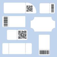 Set of blank tickets. white ticket layout for concert, seating, lottery, movie and coupon with barcode and QR Coder.