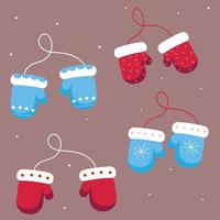 Set of mittens in pairs. Red and blue. Christmas. vector