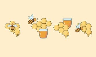 conjunto de abejas con panales y un tarro de miel vector