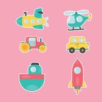Set of child transport stickers. A set of transport. A set of children's transport. Rocket, car, boat, tractor and helicopter. vector