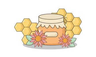 Banner with a picture of honey, poster, background with a jar of honey and flowers vector