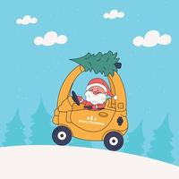 coche de dibujos animados de santa claus con árbol de navidad. ilustración vectorial vector