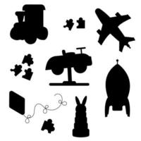 A collection of children's toys silhouette. Car, steam engine, rocket, aeroplane, hare, kite vector