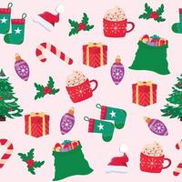 Seamless Christmas pattern with decoration on light background. Vector illustration