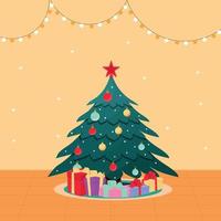 Christmas tree with presents in the room.  Vector illustration.