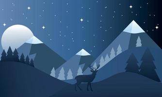 A winter night landscape with mountains and a lone reindeer. vector
