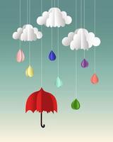 Vector paper cut clouds, drops and umbrella