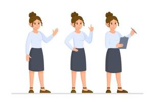 Vector illustration of a set of business women. Woman in work uniform on white background. Work in the office.