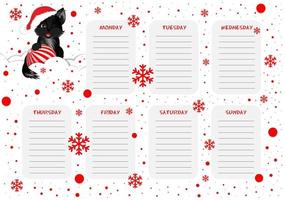 School weekly and daily planner with cute little black cat in colorful winter design. vector