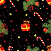 Seamless pattern with red christmas tree, gifts on black background. vector