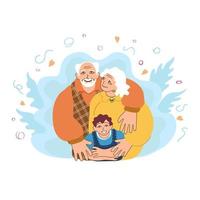 alegres abuelos europeos de pie con su nieto en un suave abrazo protector. amorosa pareja de ancianos con niños pequeños. ilustración cómica vector