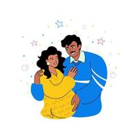 sonriente joven pareja de familia hispana latinoamericana, futuros padres. marido con bigote, mano suave en el vientre de su esposa. paternidad, embarazo, concepto de cuidado. ilustración de estilo garabato vector