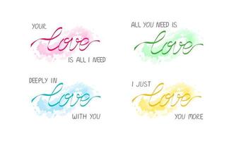 Slogans for couple. Love all you need, love you more, deeply in love, lettering message with ribbon or thread of destiny, on splash background. Stylish reminder, isolated element for gift, web vector