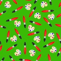 Seamless pattern with a paint brush and a palette on a green background. school pattern. vector