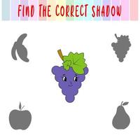 Find the right shadow. Cute cartoon grape. Educational game with fruits. Logic games for children with an answer. A training card with a task for preschool and kindergarten children vector