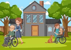 Outdoor park with elderly people and caregivers vector