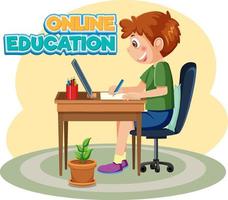 un niño aprendiendo en línea en casa vector