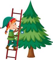 Elf girl decorating Christmas tree vector