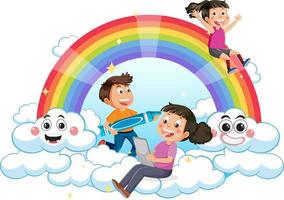 niños felices con arcoiris vector