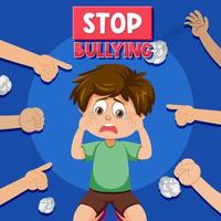 Stop Bullying text with kid surrounded by pointing fingers vector